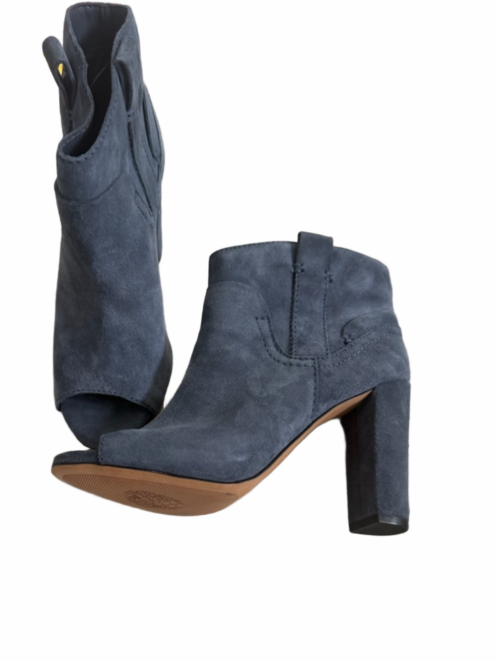 Vince Camuto Camey Suede Peep Toe Booties Grayish Blue Block Heels Sz 7.5 EUC